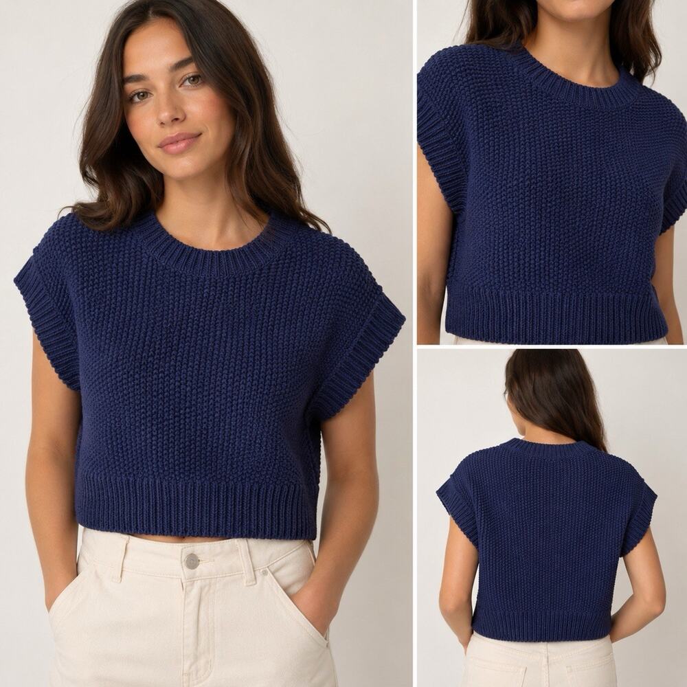 Maeve Anthropologie Sweater Top XS Navy Blue Chunky Knit Short Sleeve Cropped